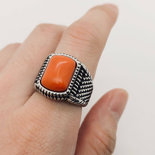 Coral Stone Stainless Steel Biker Ring
