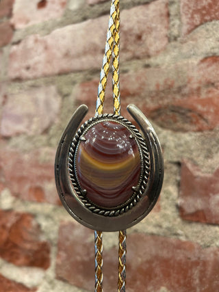 Striped Agate Silver Horseshoe Bolo Tie