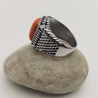Coral Stone Stainless Steel Biker Ring