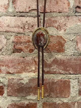 Crazy Lace Agate Gold Horseshoe Bolo Tie