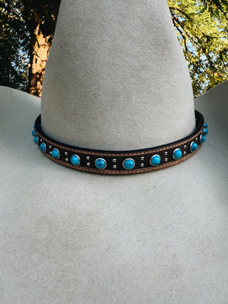 Genuine Leather Hat Band With Turquoise Stones