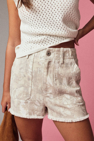 Hideaway Camo Washed Denim Fringe Shorts
