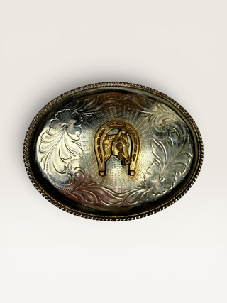 Vintage Silver and Brass Horse Head and Shoe Belt Buckle
