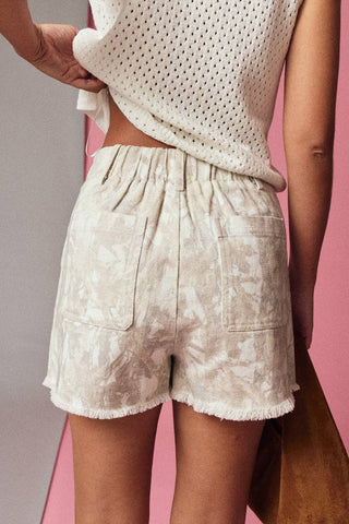 Hideaway Camo Washed Denim Fringe Shorts