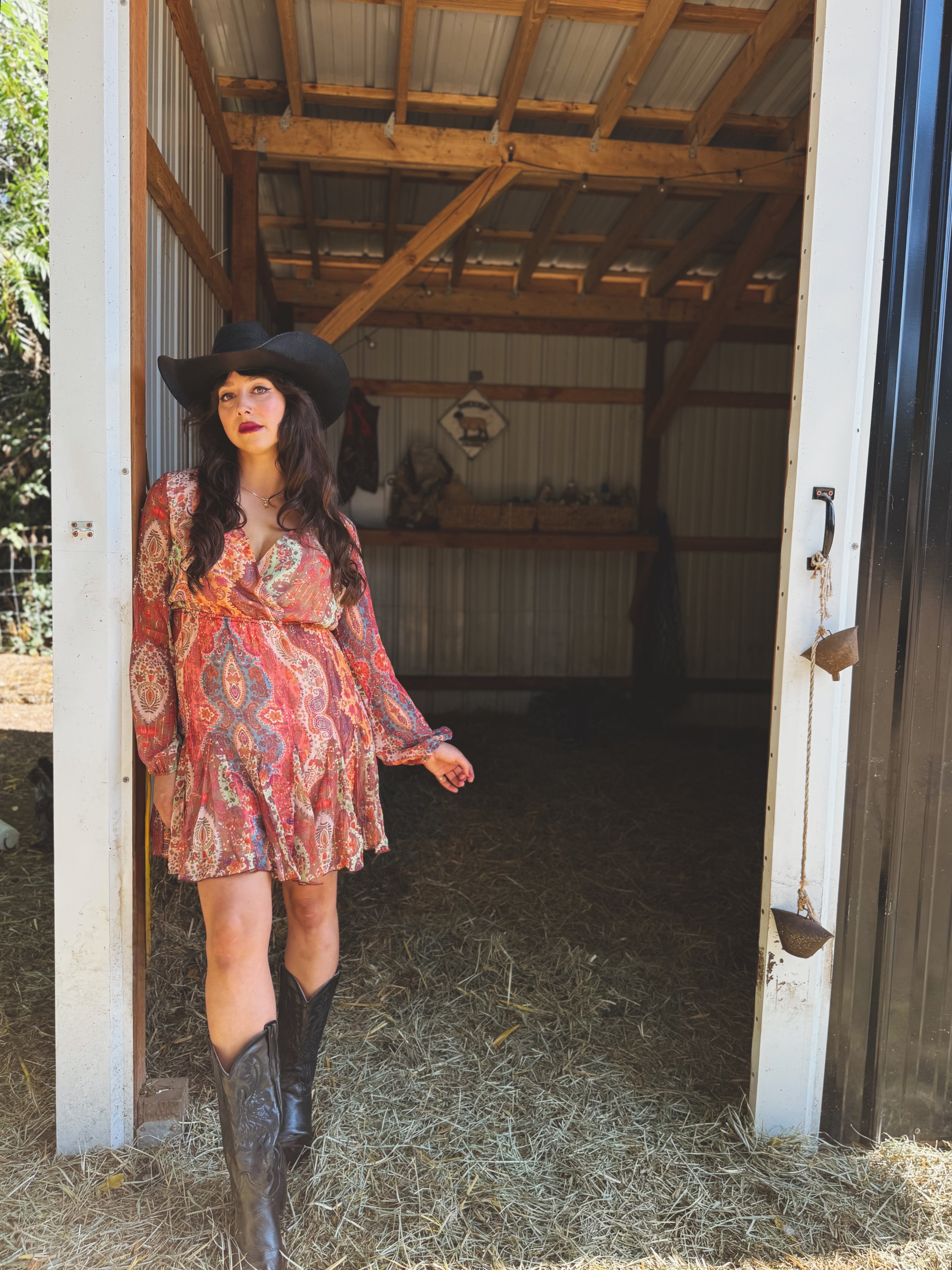 dress and cowboy boots Printed Surplice Long Sleeve Mini Dress Orange / L