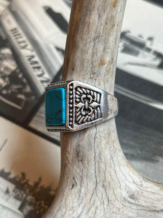 Turquoise Square Engraved Biker Ring