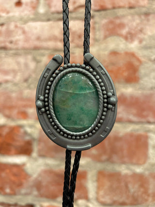 Green Cabochon Metal Horseshoe Framed Bolo Tie