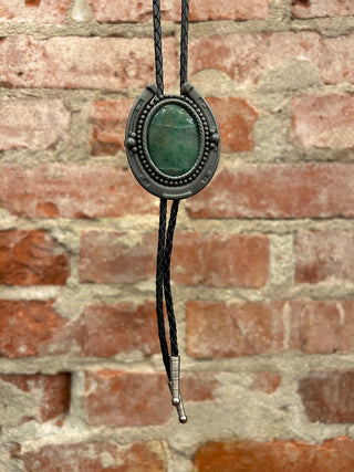 Green Cabochon Metal Horseshoe Framed Bolo Tie