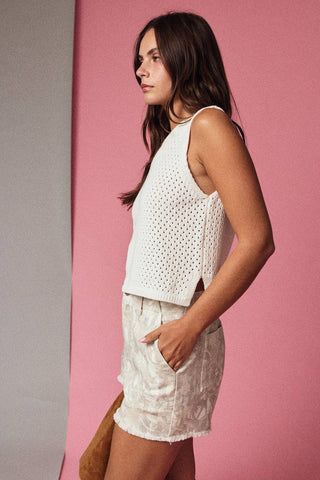 Hideaway Camo Washed Denim Fringe Shorts