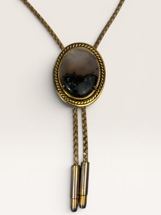Vintage Moss Agate and Brass Bezel Bolo Tie