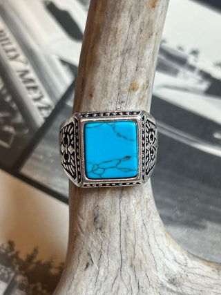 Turquoise Square Engraved Biker Ring
