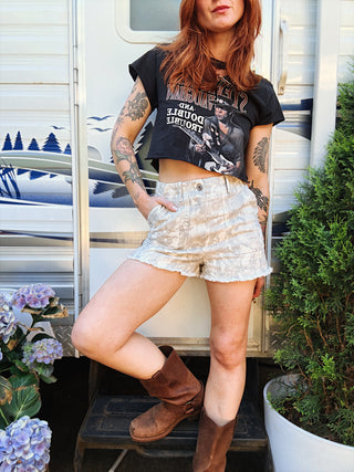 Hideaway Camo Washed Denim Fringe Shorts