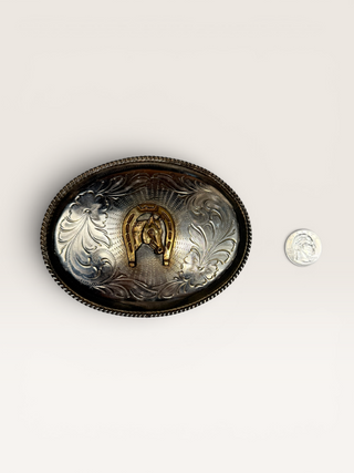 Vintage Silver and Brass Horse Head and Shoe Belt Buckle