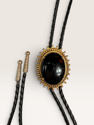 Vintage Black Onyx and Brass Bezel Bolo Tie