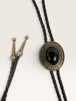 Onyx in Oval Ornate Metal Bezel Bolo Tie