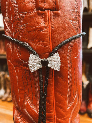 Rhinestone Bow Bolo Tie