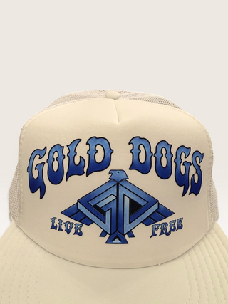 Gold Dogs Live Free White/Blue Gradient Flat Brim Trucker Hat