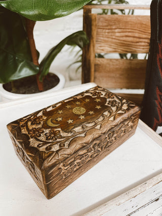 Celestial Floral Inlay Wooden Jewelry Box